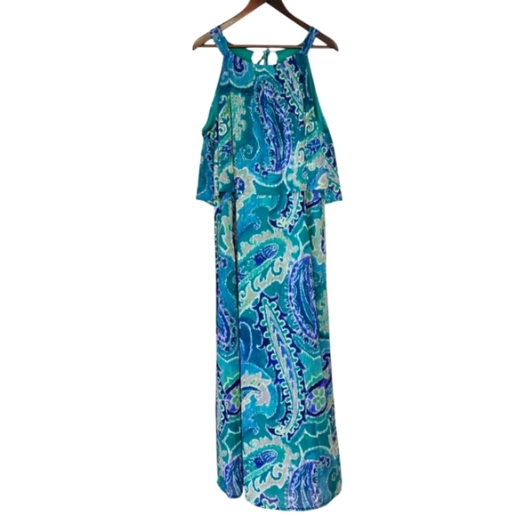 Chico's Sleeveless Halter Ocean Paisley Bib Maxi Dress Womens 3 XL Coastal Boho - Picture 2 of 14